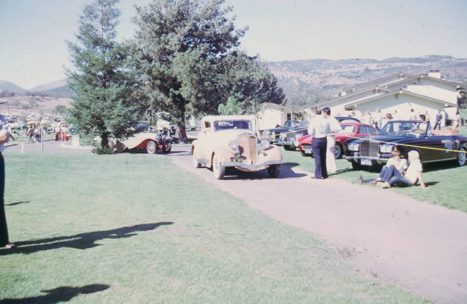 Classic Car Show on Lawn Near Ranch-Style Buildings, California (Misfiled Non-Military Slide)