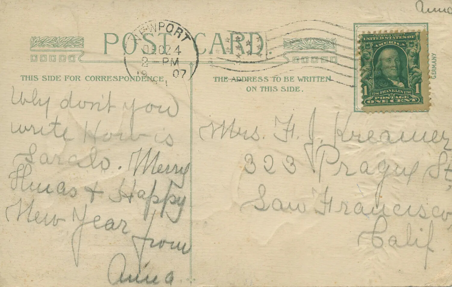 Reverse of Early 1900s Postcard with Handwritten Holiday Greeting, Addressed to San Francisco, California