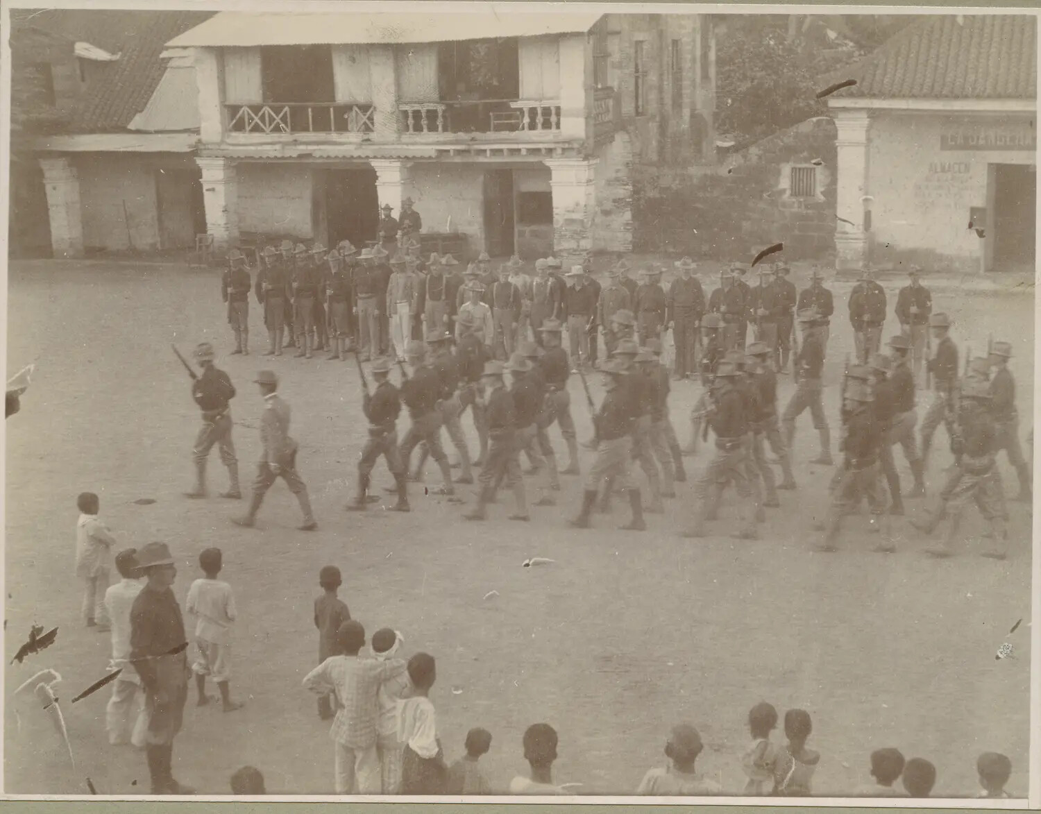 American Troops Drilling in a Philippine Town Plaza, c. 1898-1902