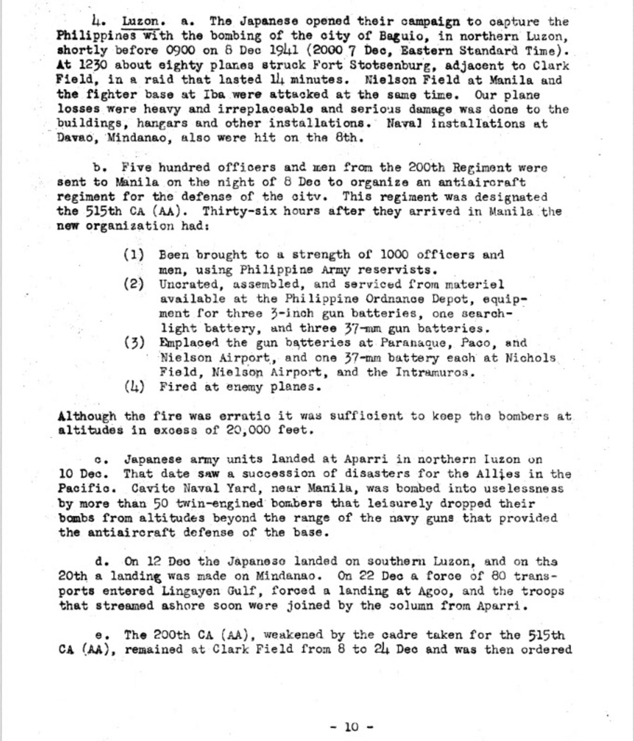 Typewritten Historical Report Page 10 - Japanese Invasion of Luzon and Antiaircraft Defense, December 1941
