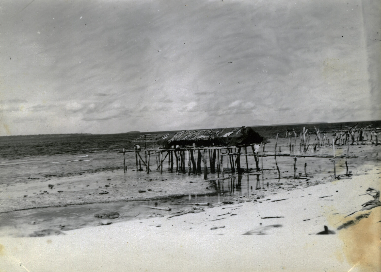 Damaged Stilt Fishing Hut on Okinawan Tidal Flats, WWII Pacific Theater Era