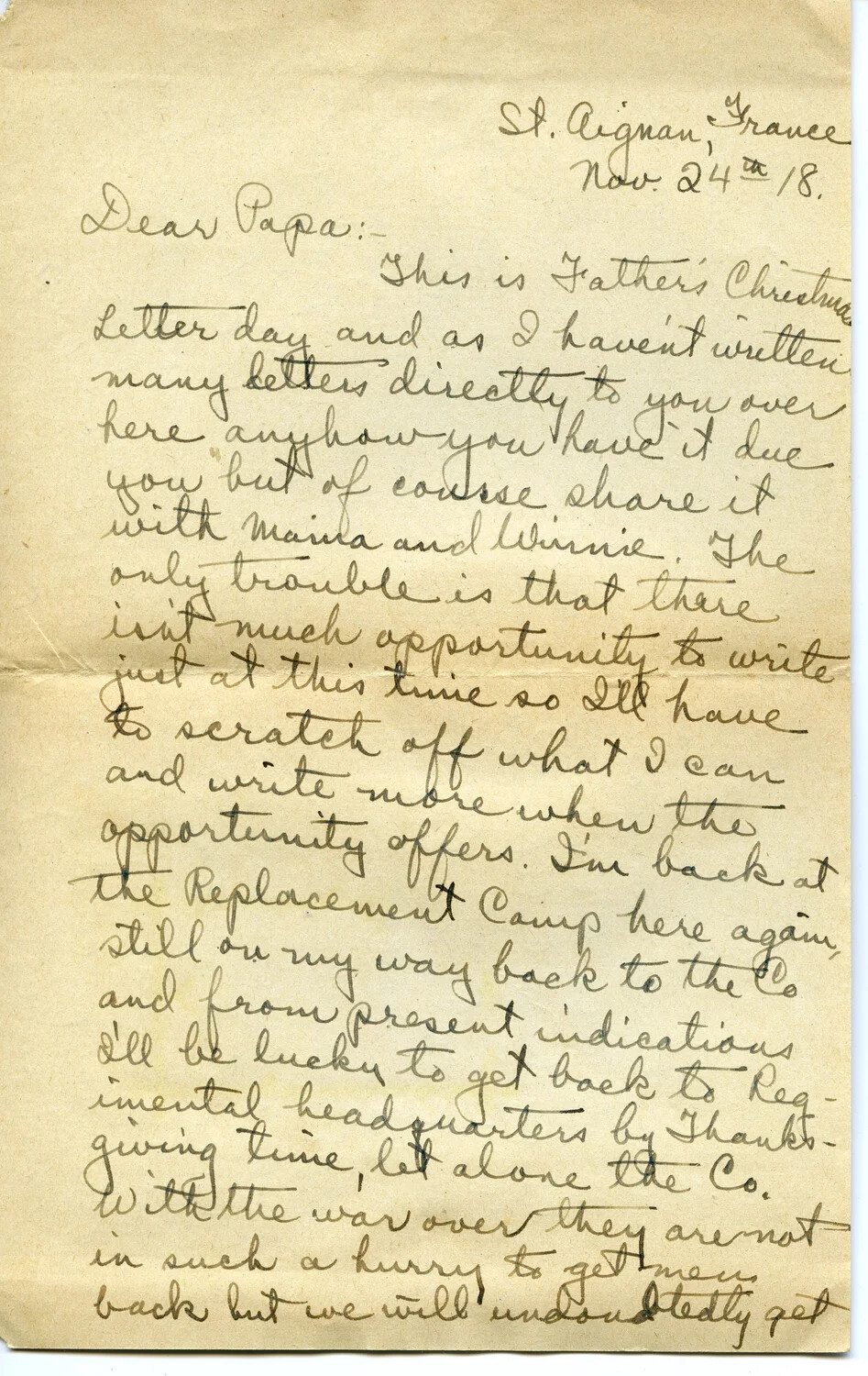 WWI Letter from Pvt. Willis W. Wagener to His Father, St. Aignan, France, November 24, 1918
