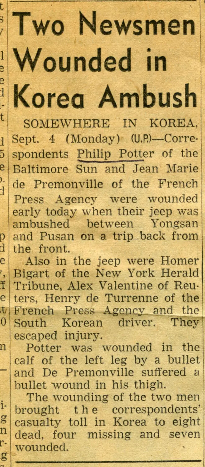 Newspaper Clipping: "Two Newsmen Wounded in Korea Ambush," Korean War, September 1950