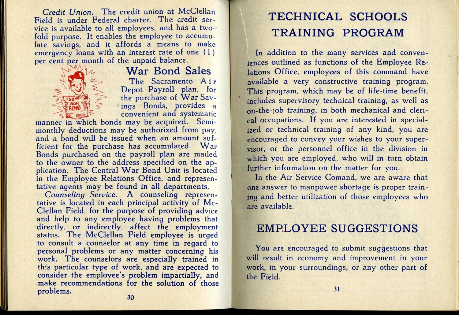 McClellan Field Personal Guide Booklet, Pages 30-31: War Bond Sales, Counseling Service, Technical Schools Training Program