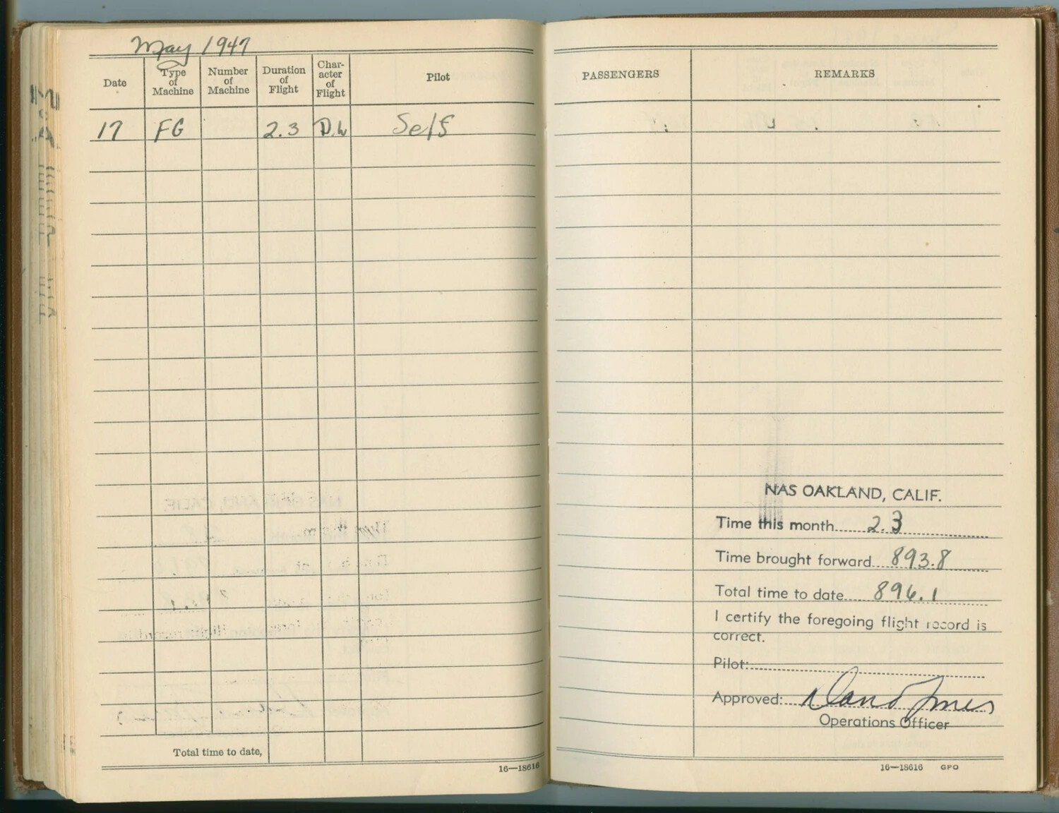 Pilot Flight Log Book Page, May 1947 — FG (Corsair) Flight, NAS Oakland — Pat McAleer Collection