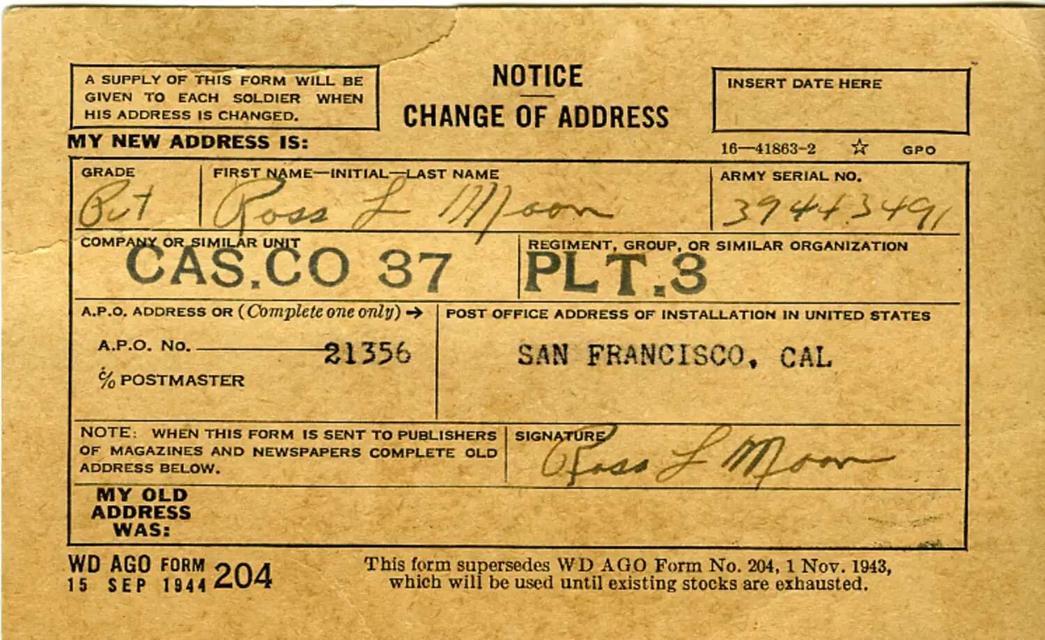 WD AGO Form 204 'Notice: Change of Address' for Pvt. Ross L. Moon, 15 September 1944