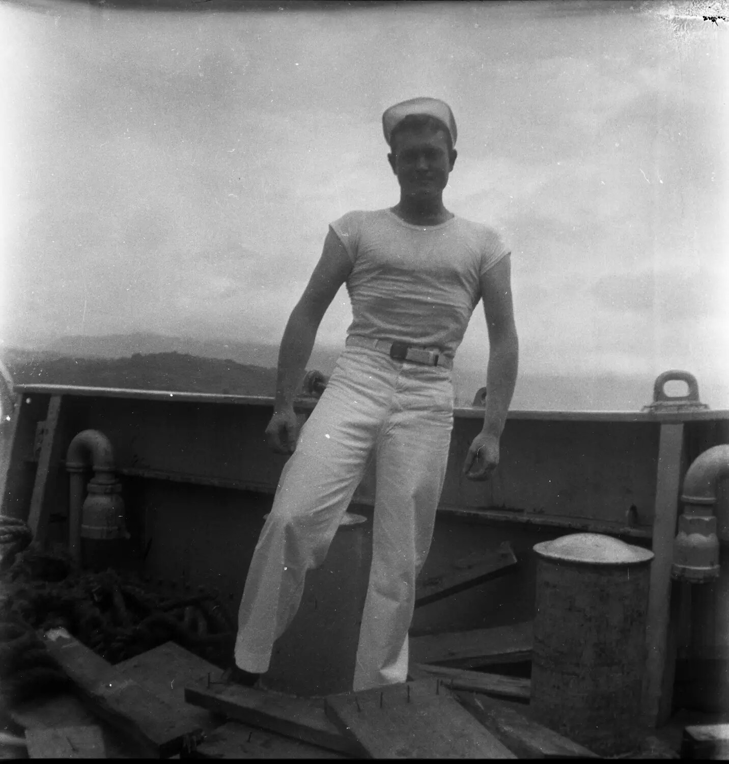 U.S. Navy Sailor on Ship's Deck, Sasebo, Japan (Postwar/Occupation Era)