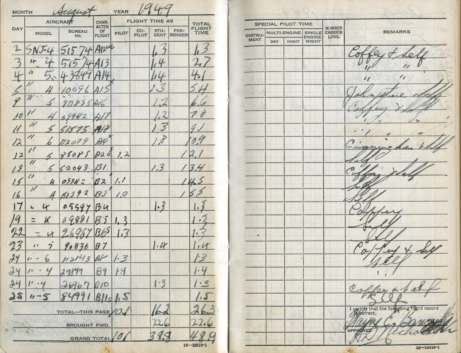 U.S. Navy Aviator's Flight Logbook Page, SNJ Trainer Flights, August 1949 (Lt. Bancroft)