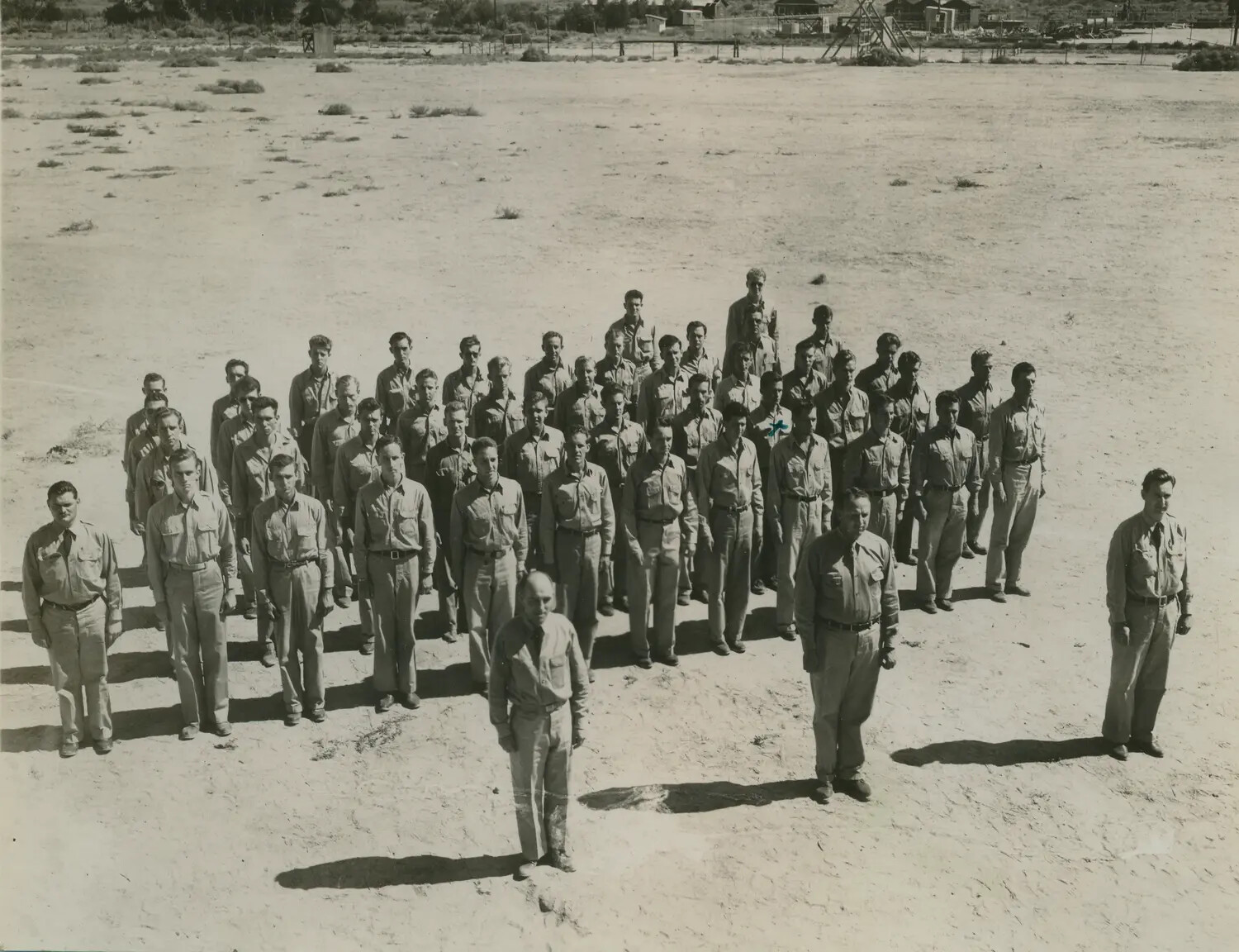 Squadron Formation Photograph, U.S. Marine Corps/Navy Personnel, WWII-Era Desert Airfield (McAleer Collection)