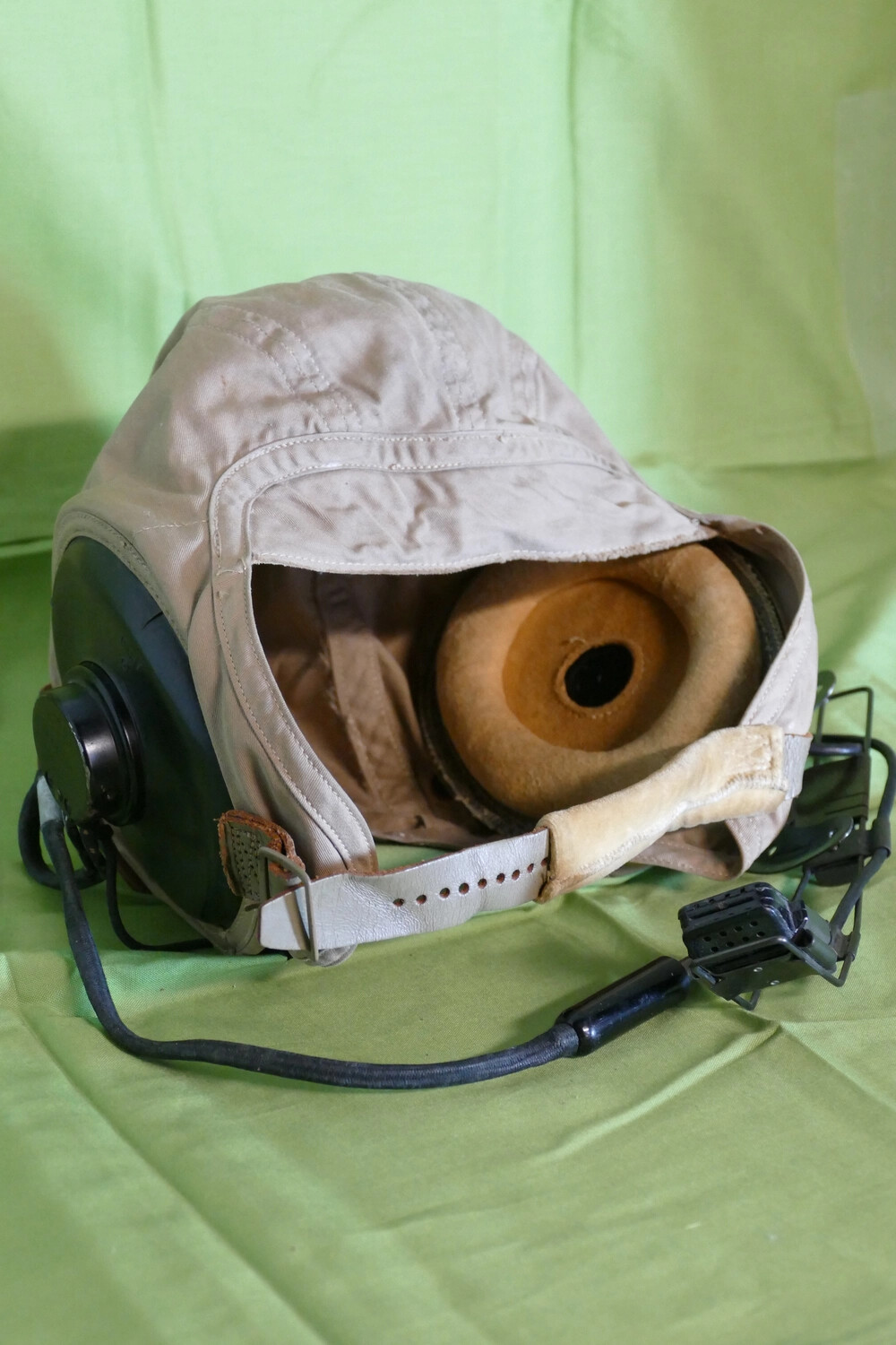 U.S. Navy Cloth Flying Helmet with Integrated Earphones and Boom Microphone, Korean War Era