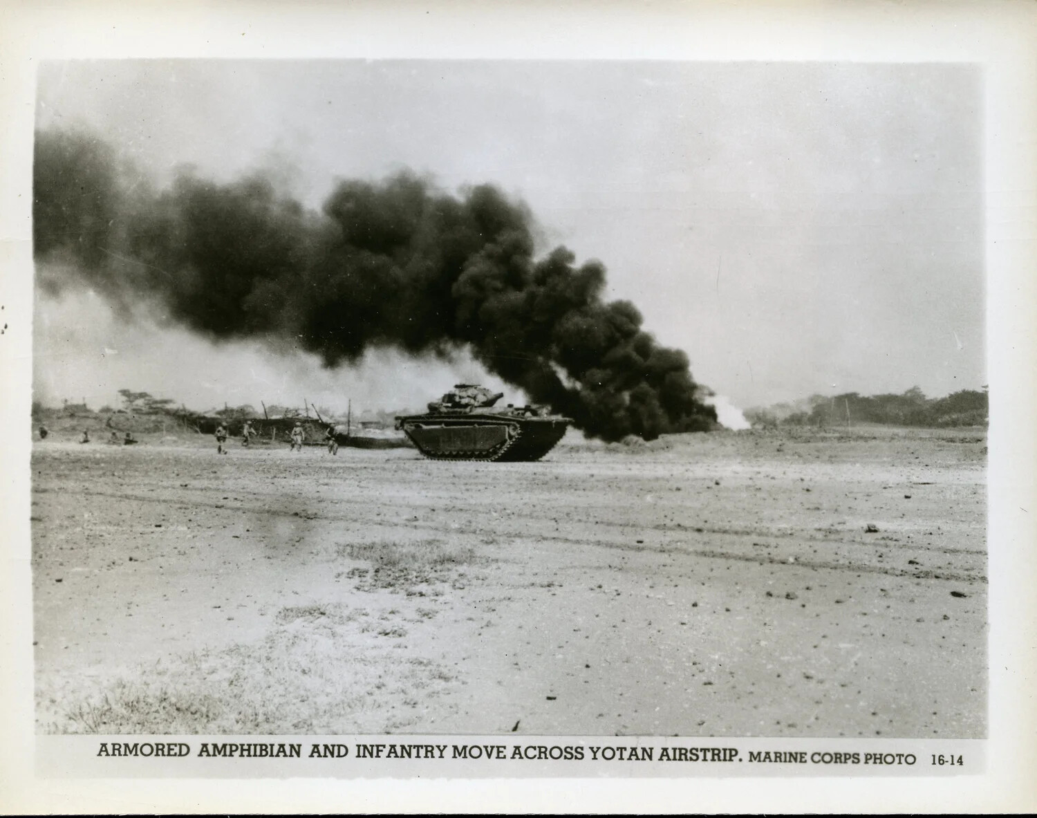 Armored Amphibian and Marine Infantry Advance Across Yontan Airfield, Battle of Okinawa, 1945