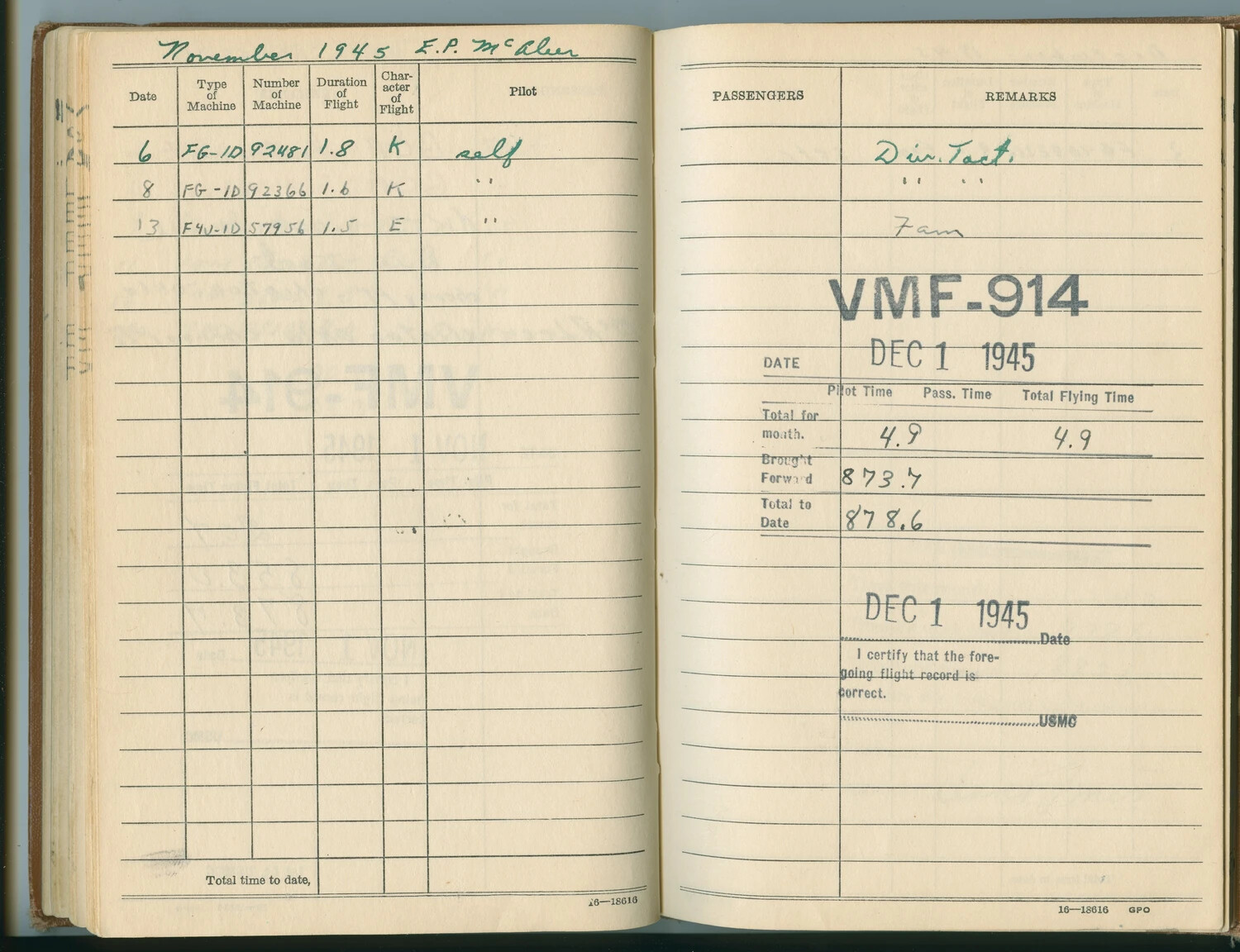 E.P. McAleer Flight Log Book — VMF-914 Squadron Page, November 1945
