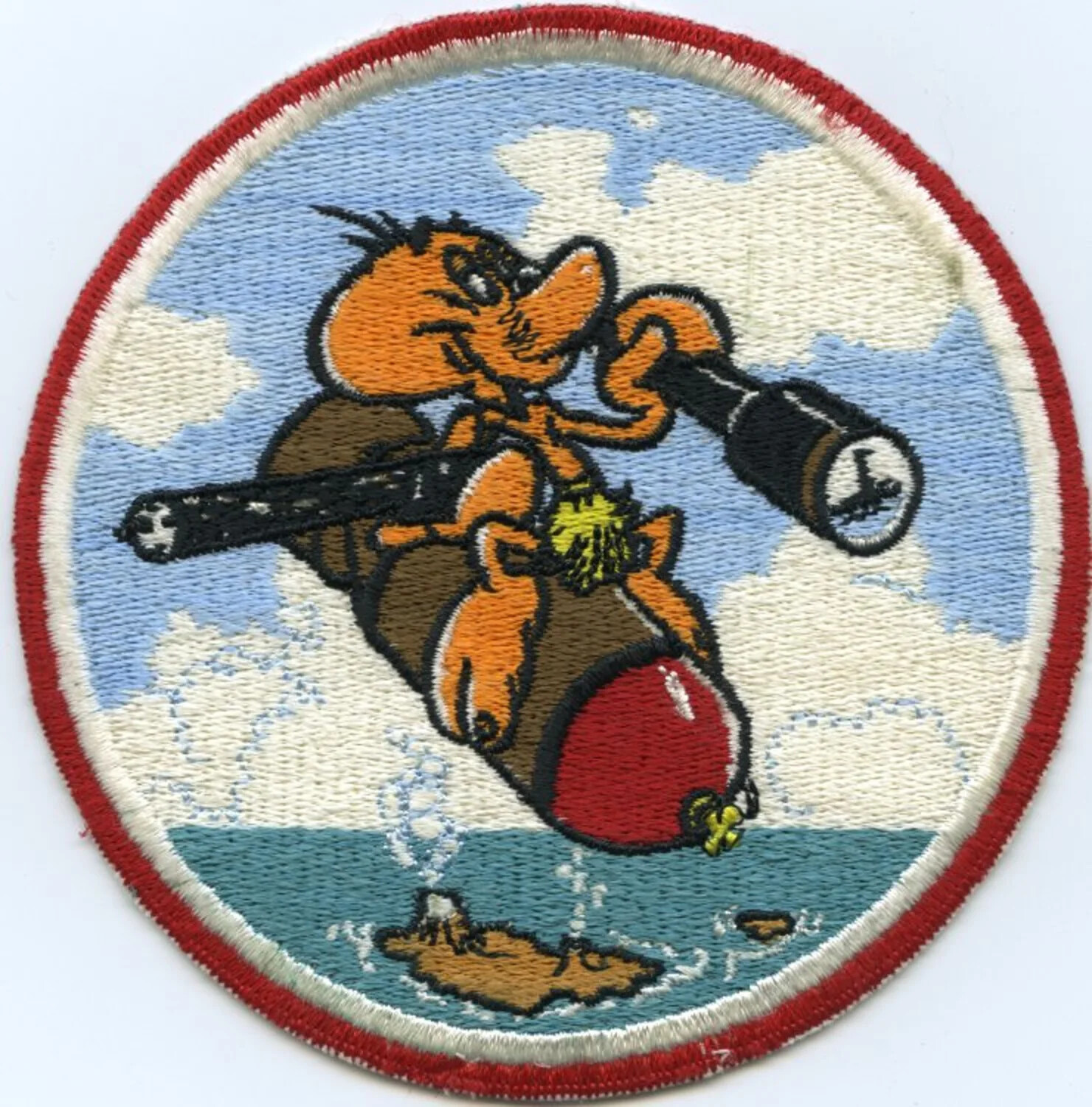 U.S. Navy Squadron Insignia Patch: Cartoon Figure Riding Bomb with Periscope, Anti-Submarine/Patrol Motif