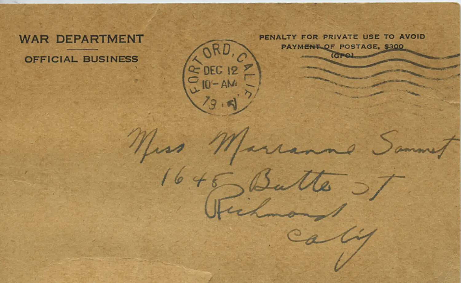 War Department Official Business Envelope, Postmarked Fort Ord, California