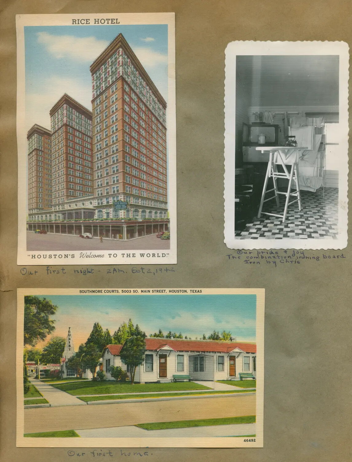 Scrapbook Page: Rice Hotel, Southmore Courts, and 'Our Pride and Joy' Ironing Board, Houston, Texas, 1943