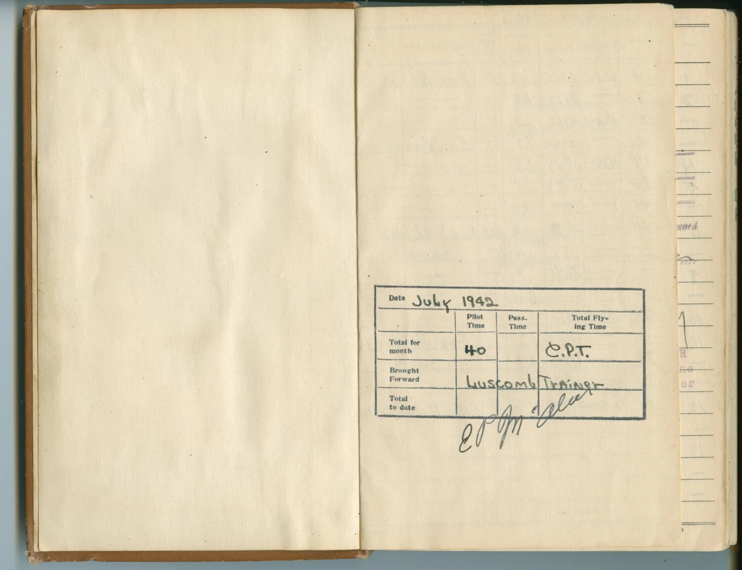 McAleer Personal Flight Logbook, Monthly Summary Page, July 1942