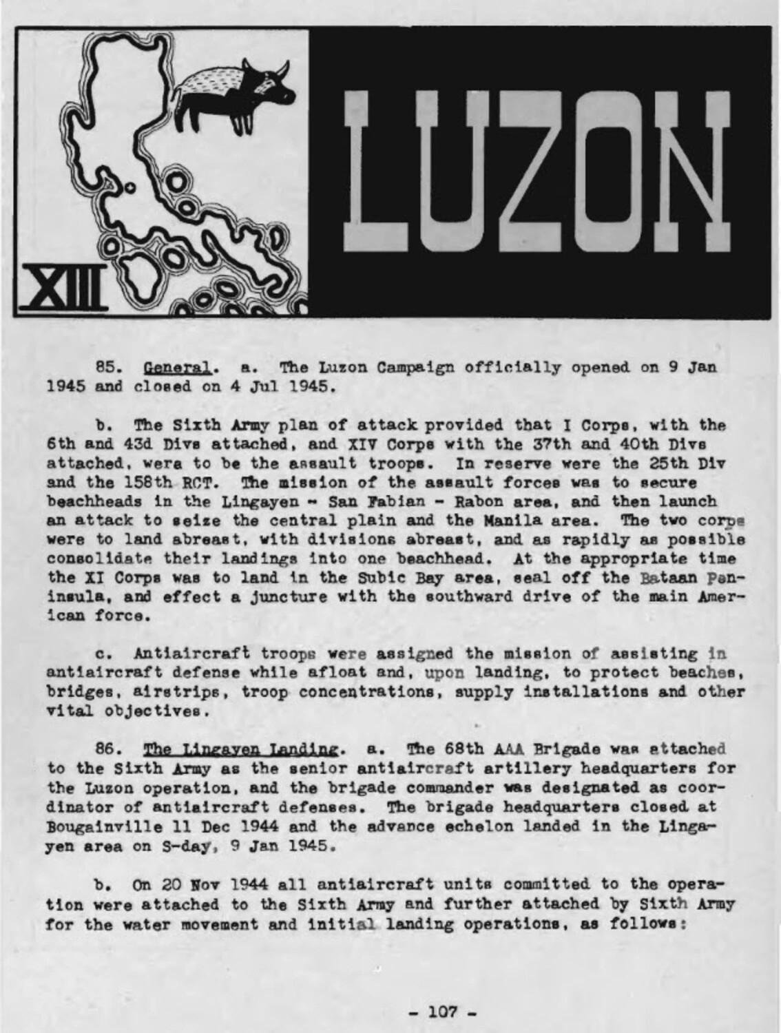 Unit History Document, 'Luzon' Section Title Page with Campaign Narrative, WWII