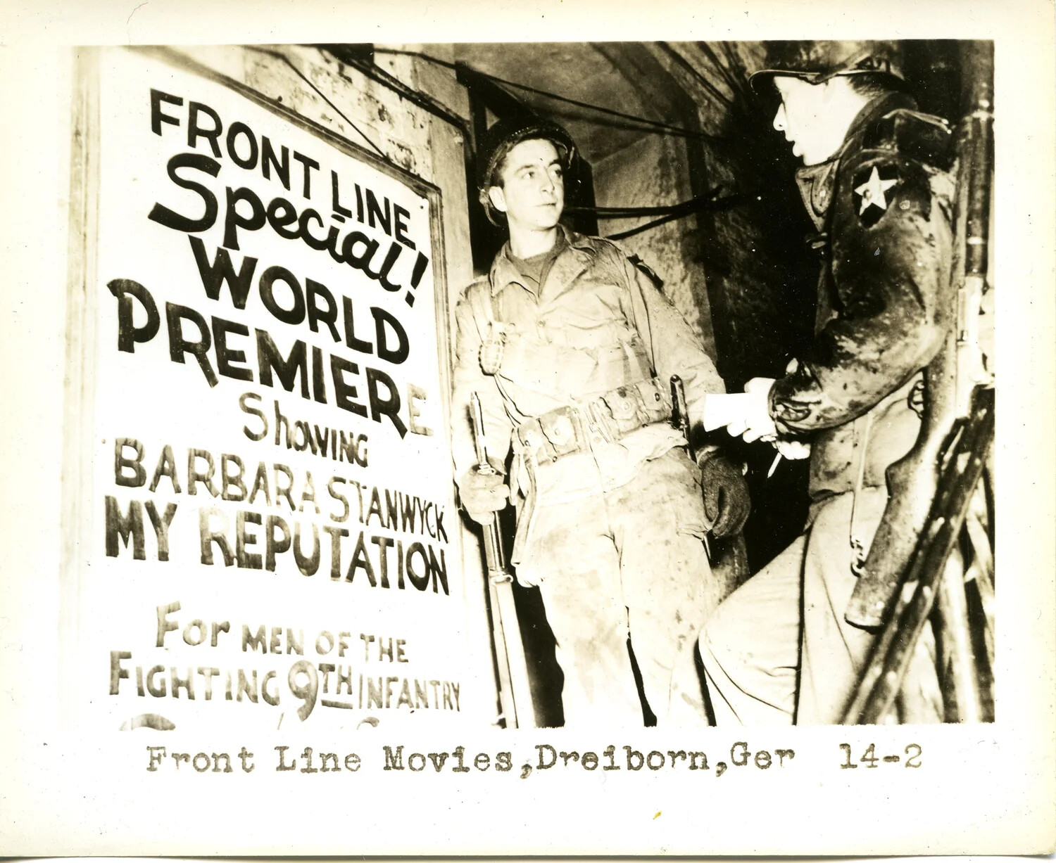 Front Line Movie Premiere Sign, Dreiborn, Germany, WWII - 'My Reputation' Starring Barbara Stanwyck