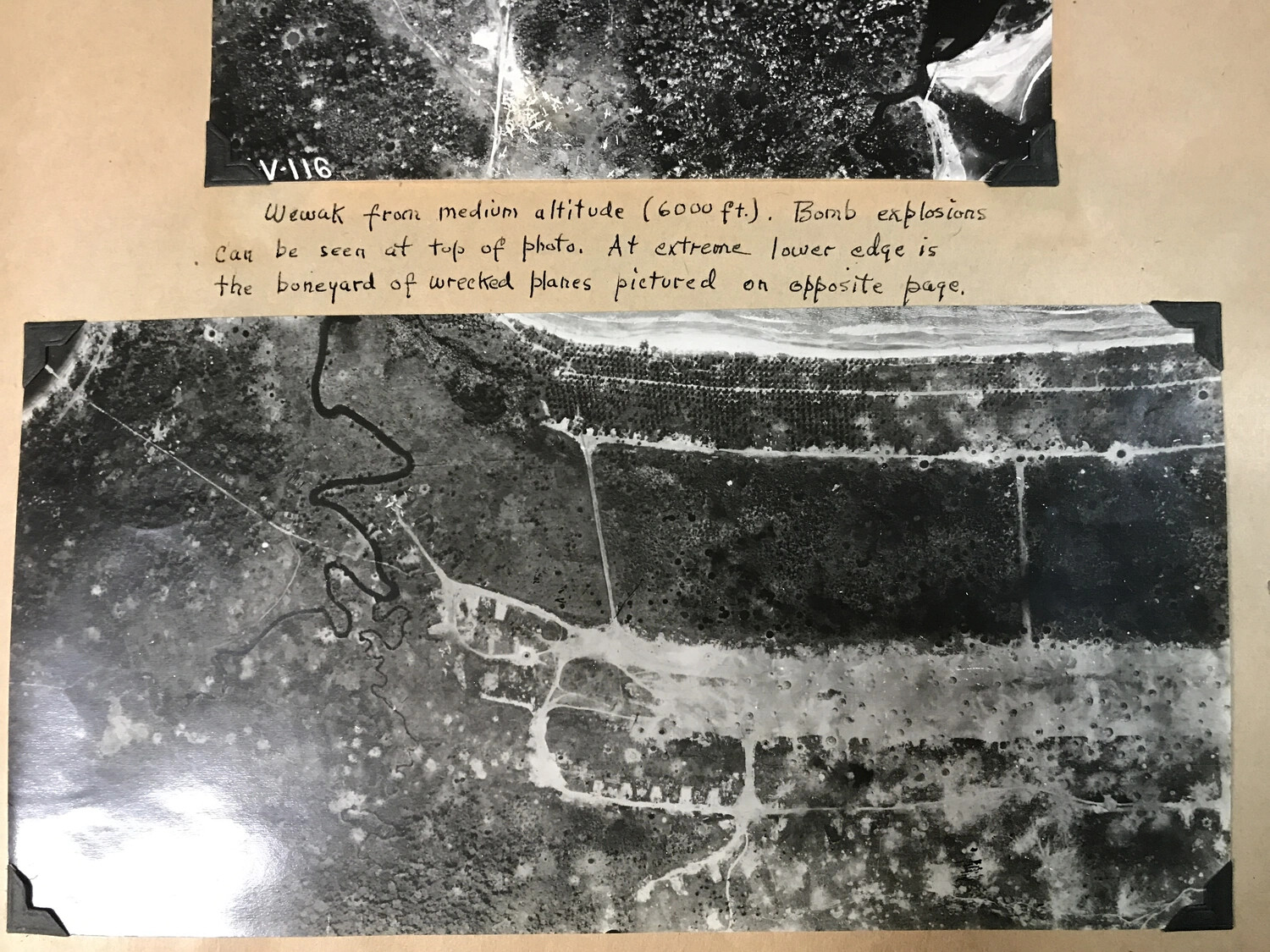 Scrapbook Page: Aerial View of Wewak, New Guinea After an Allied Air Raid, WWII