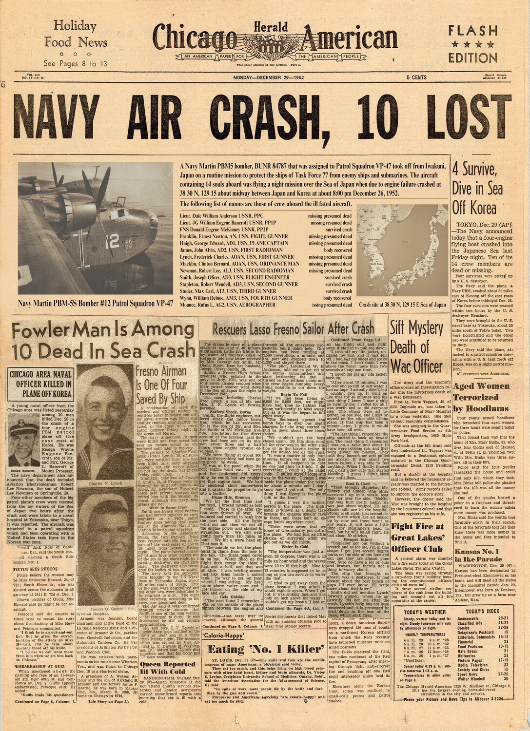 Chicago Herald American Front Page, December 29, 1952 — 'Navy Air Crash, 10 Lost' (VP-47 Martin PBM-5 Loss, Sea of Japan)