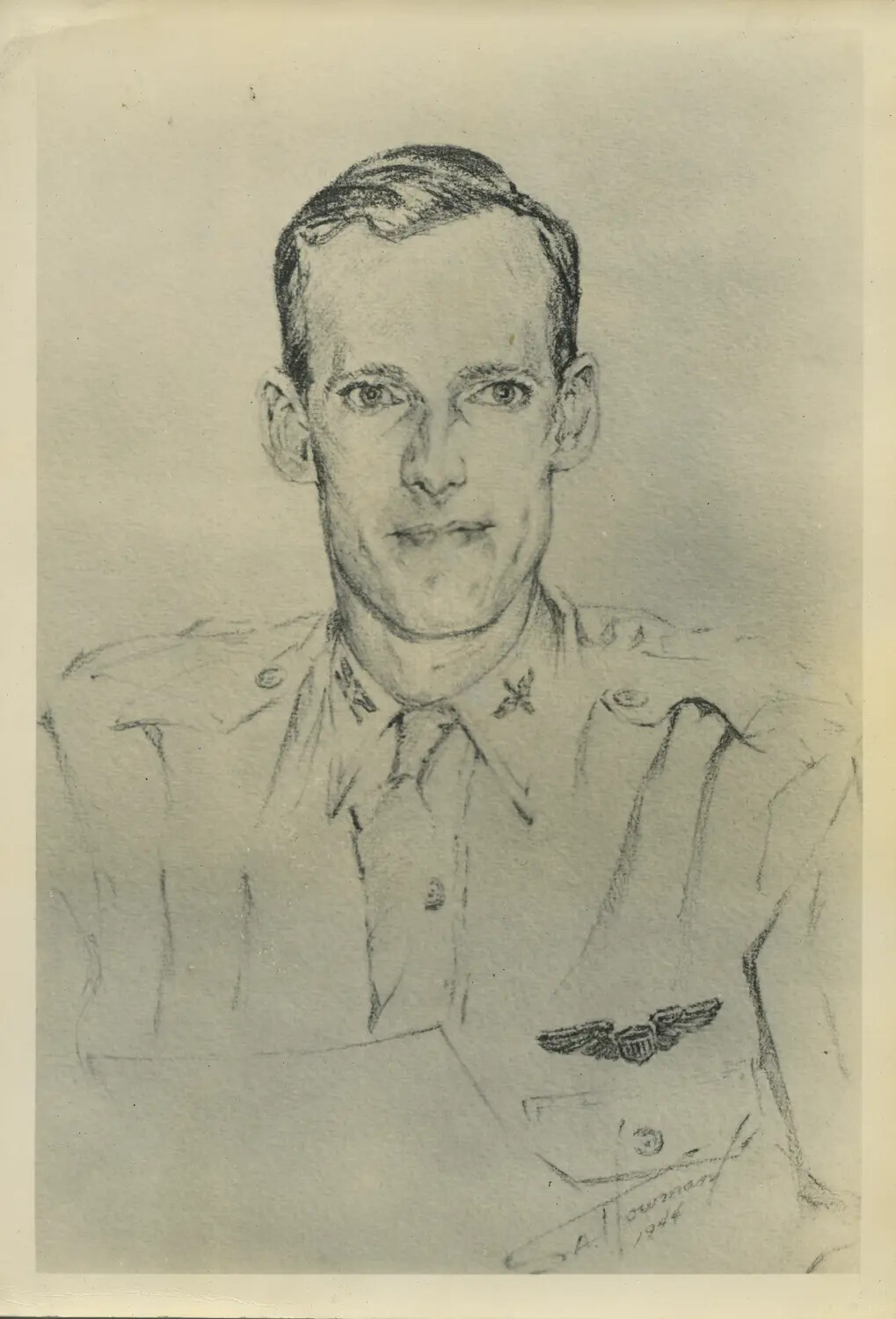 Pencil Portrait Sketch of a USAAF Officer with Pilot's Wings, Dated 1944