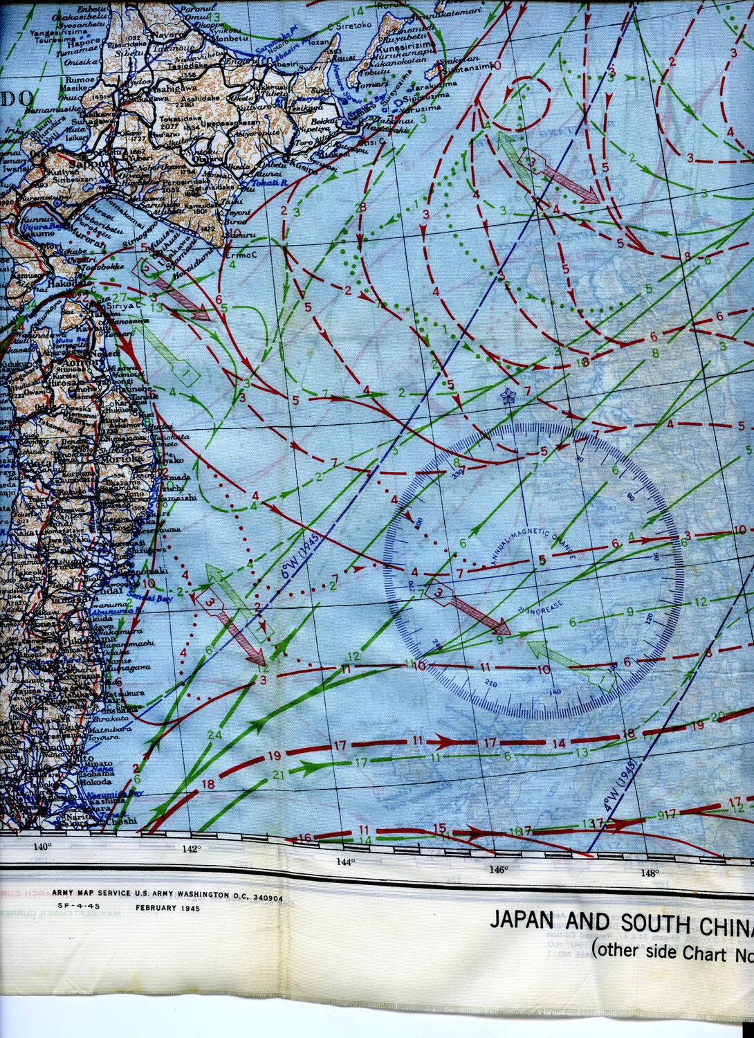 WWII AAF Silk Escape and Evasion Map, "Japan and South China" — Blue (Oceanographic) Side, Army Map Service, February 1945