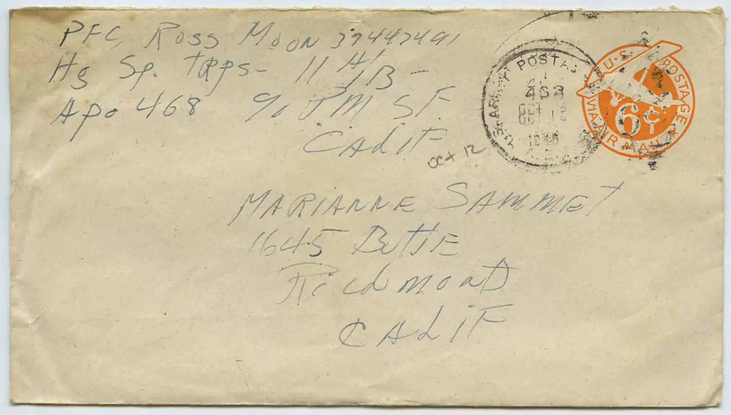 WWII V-Mail Envelope, PFC Ross Moon to Marianne Sammet, APO 468, October 1945