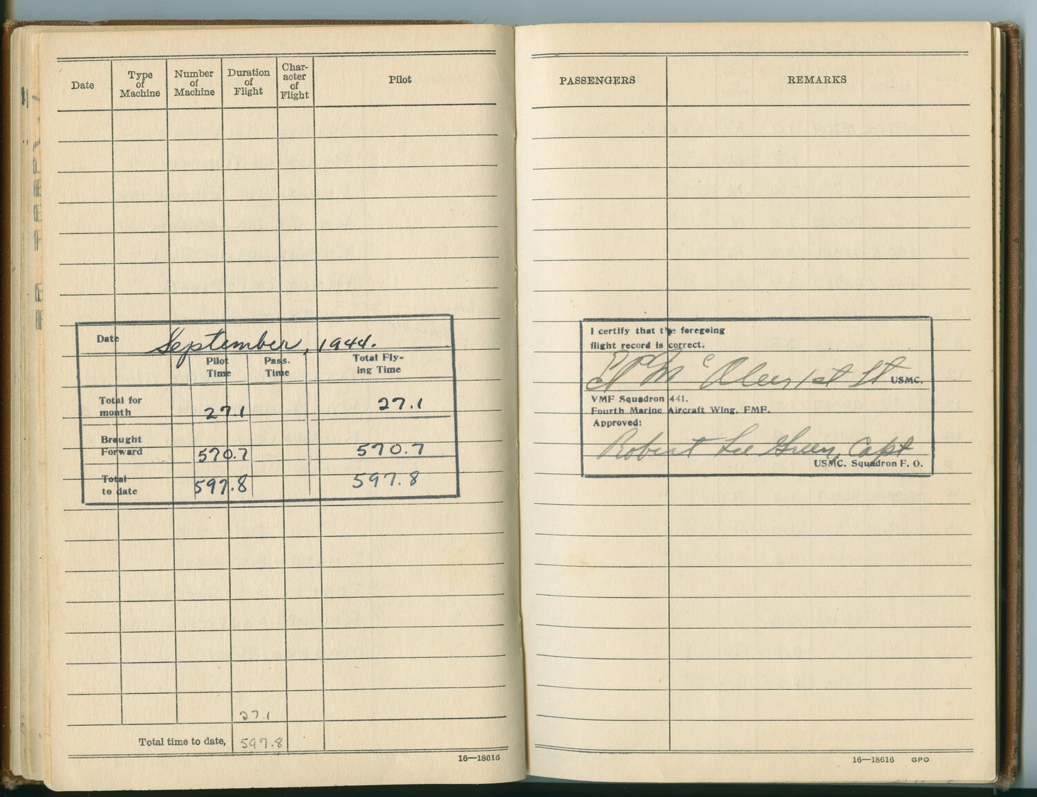 USMC Aviator's Flight Logbook, Monthly Summary for September 1944, VMF Squadron 441, Fourth Marine Aircraft Wing -- McAleer Collection
