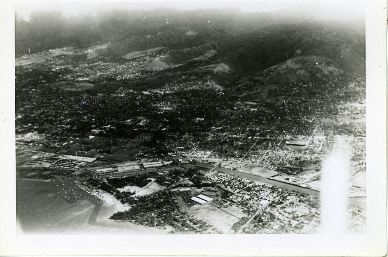 Oblique Aerial View of Honolulu-Area Valley and Coastal Waterway, Oahu, Hawaii, WWII Era