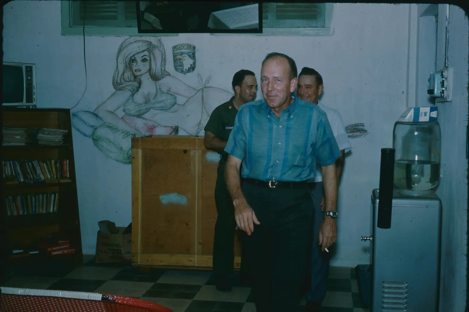 Airmen and Visitor in Squadron Day Room, USAF Installation, South Vietnam, 1965