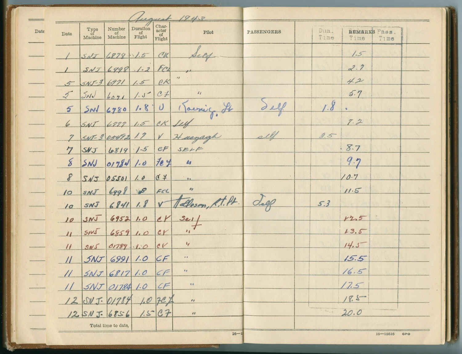 McAleer Flight Log Book Page, August 1943 - SNJ Trainer Flights