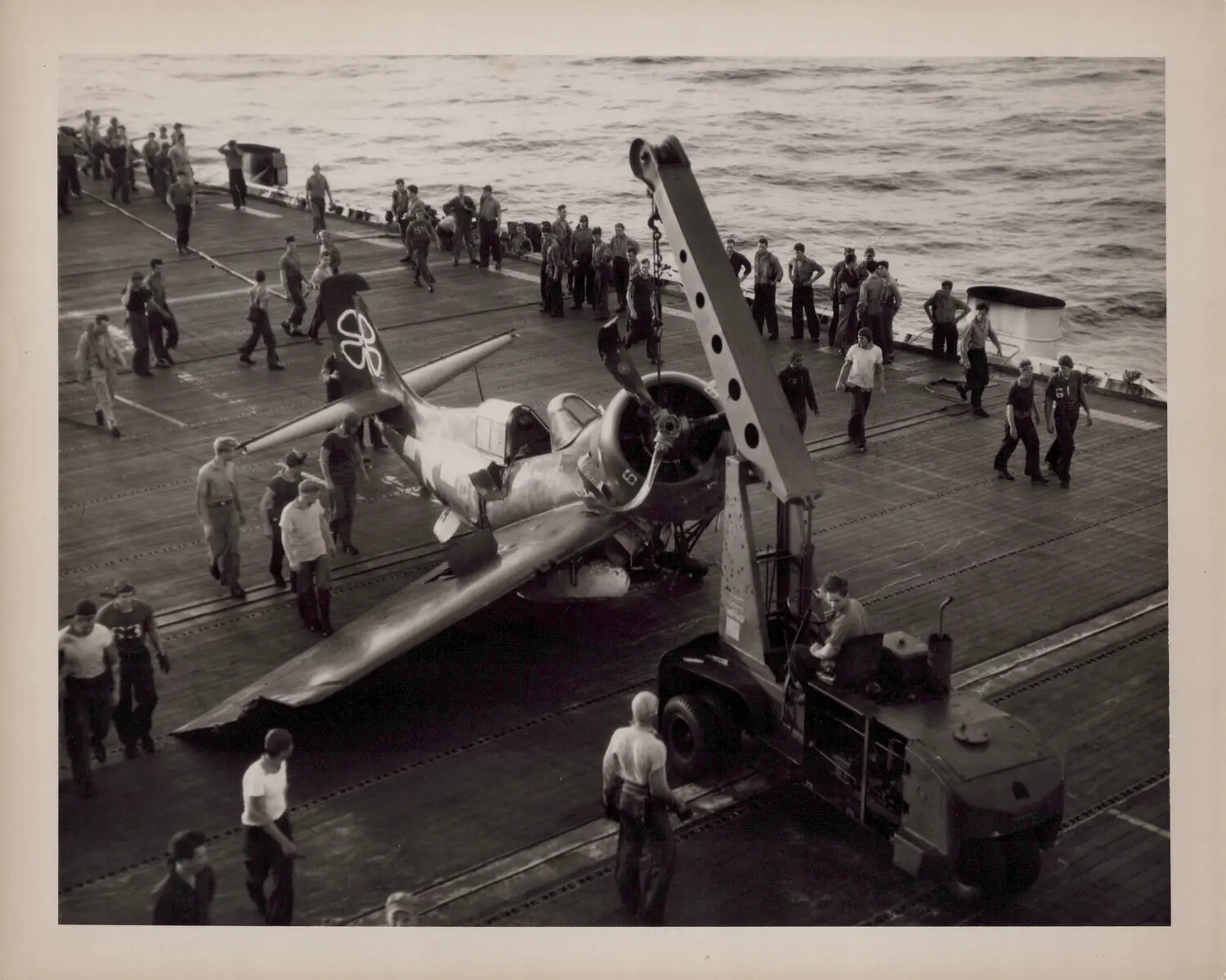 Mobile Crane Recovering Damaged TBM/TBF Avenger Aircraft, Escort Carrier Flight Deck, WWII Era