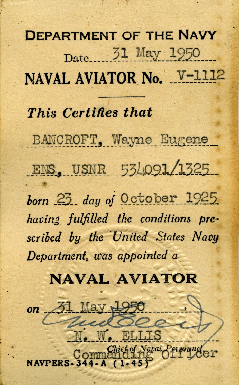 Naval Aviator Certification Card - Ensign Wayne Eugene Bancroft, USNR, 31 May 1950
