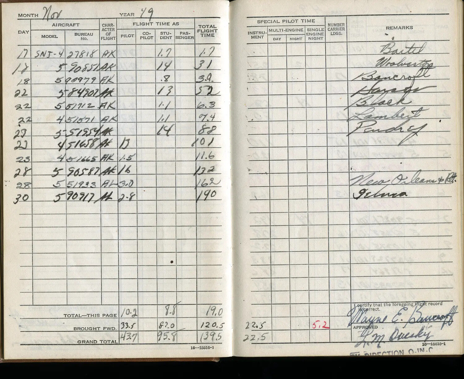 Flight Logbook Pages of Lt. Wayne E. Bancroft, November (Aircraft Flight Time Record)