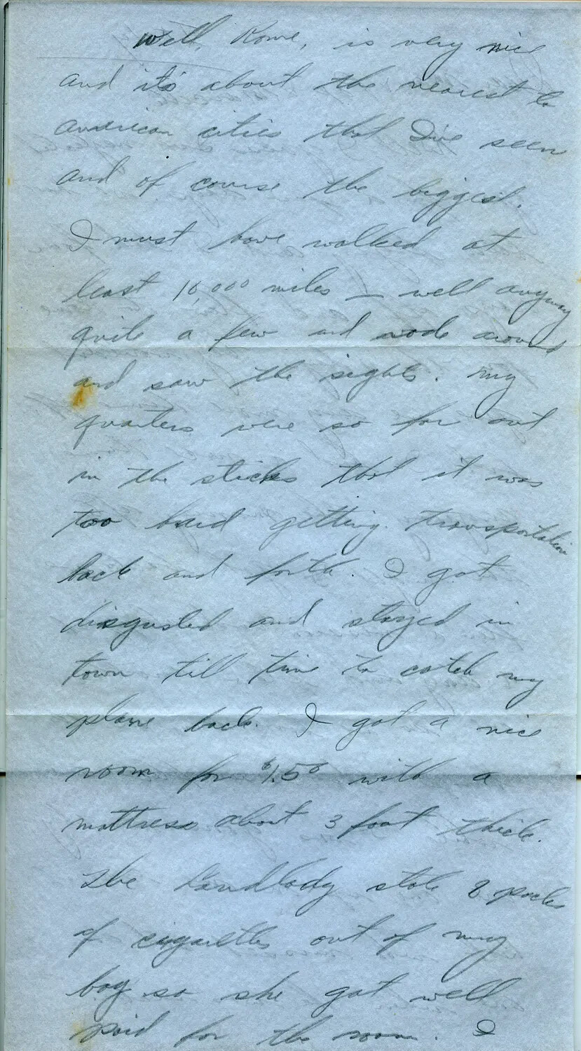 Handwritten Letter Describing Wartime Leave in Rome, Italy (Margaroli Correspondence, 1944)