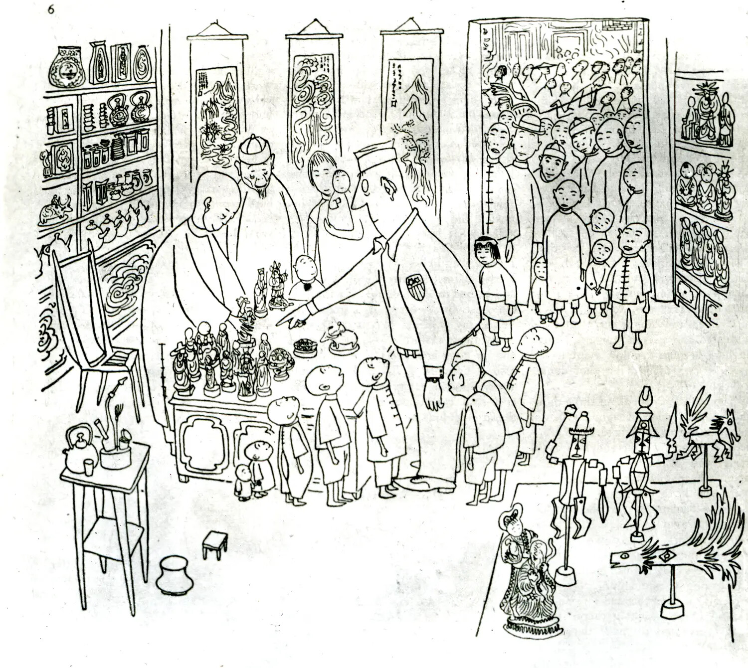 Cartoon Illustration: American Serviceman Bartering in a Chinese Curio Shop, CBI Theater, WWII