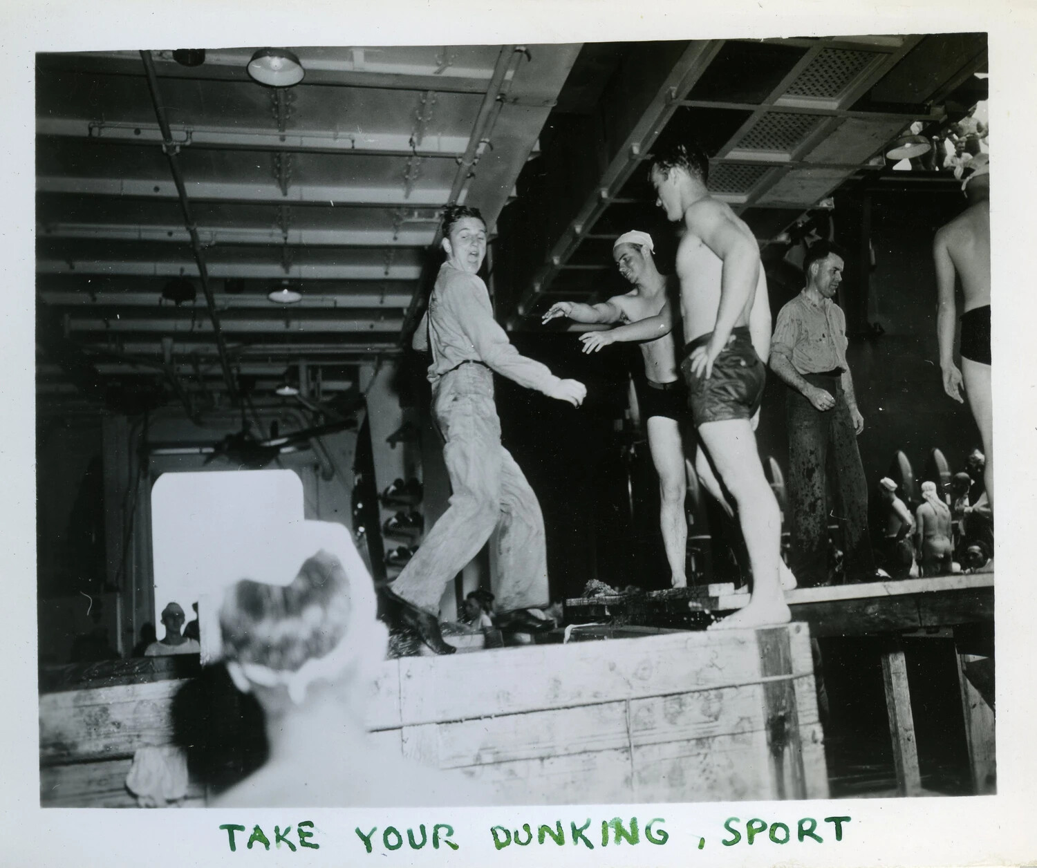 Sailors at Improvised Below-Decks Pool, 'Take Your Dunking, Sport', USS Franklin D. Roosevelt (CVB-42)