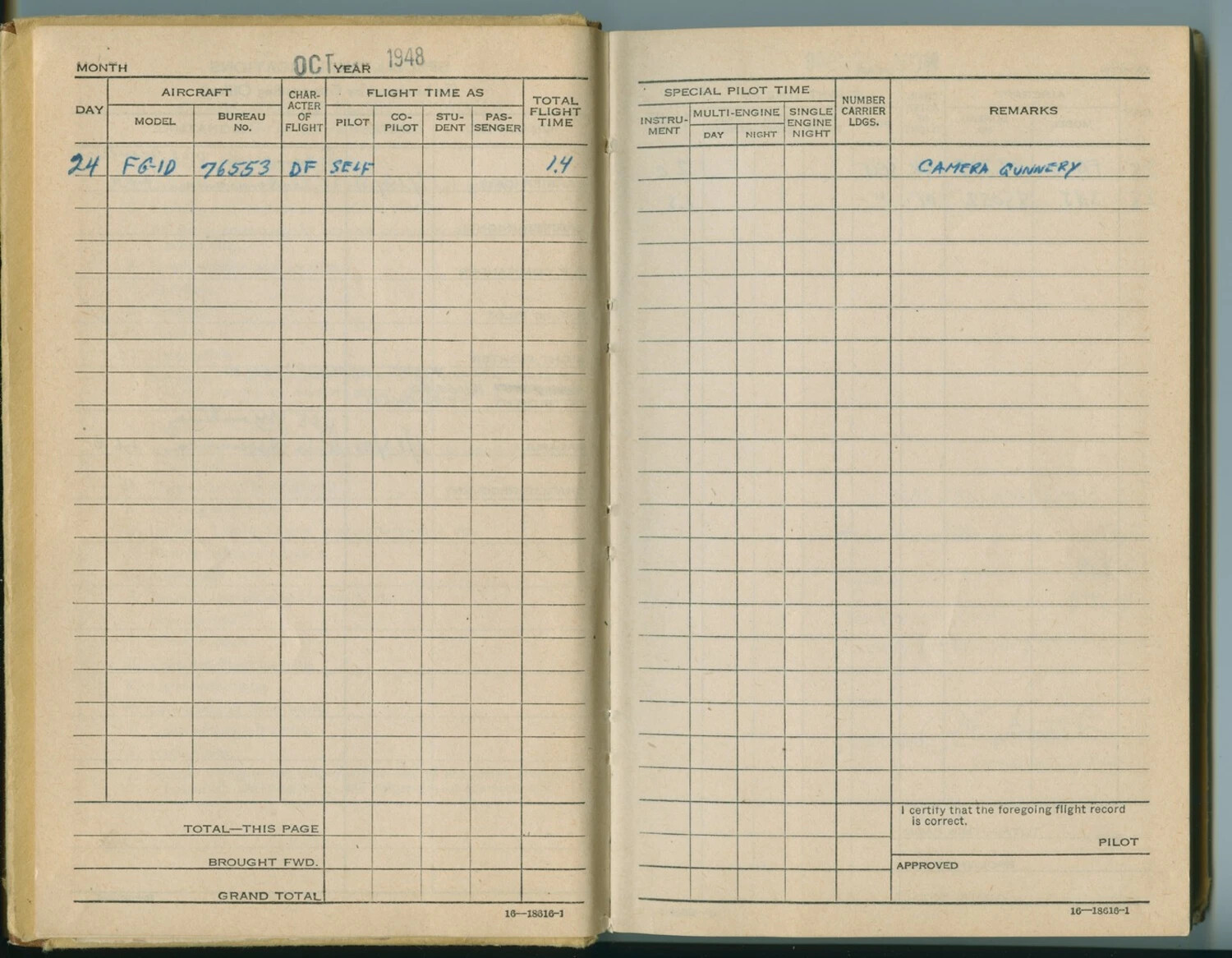 Naval Aviator's Flight Log Book, FG-1D Corsair Camera Gunnery Entry, October 1948