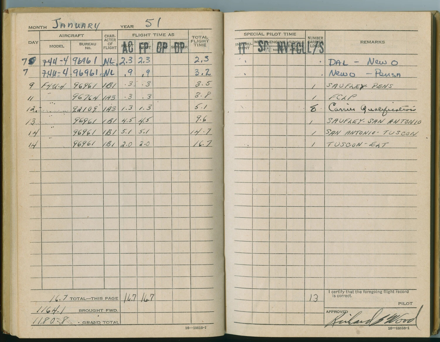 U.S. Navy Flight Log Book, January 1951 — F4U-4 Corsair Carrier Qualifications, McAleer Korea-Era Log