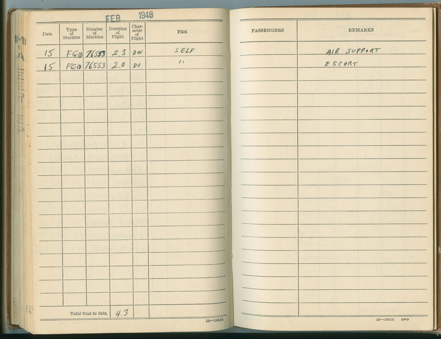 Pilot's Flight Logbook Page, February 1948 -- FG-1D Corsair Flights