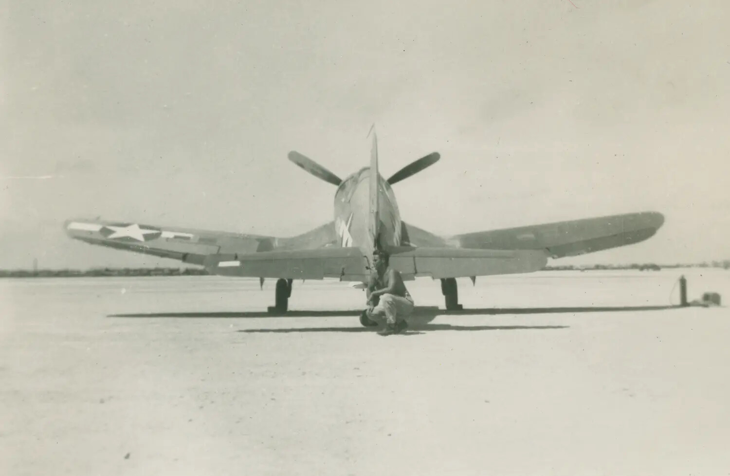 F4U Corsair Fighter, Rear View at Forward Airfield, Pacific Theater WWII
