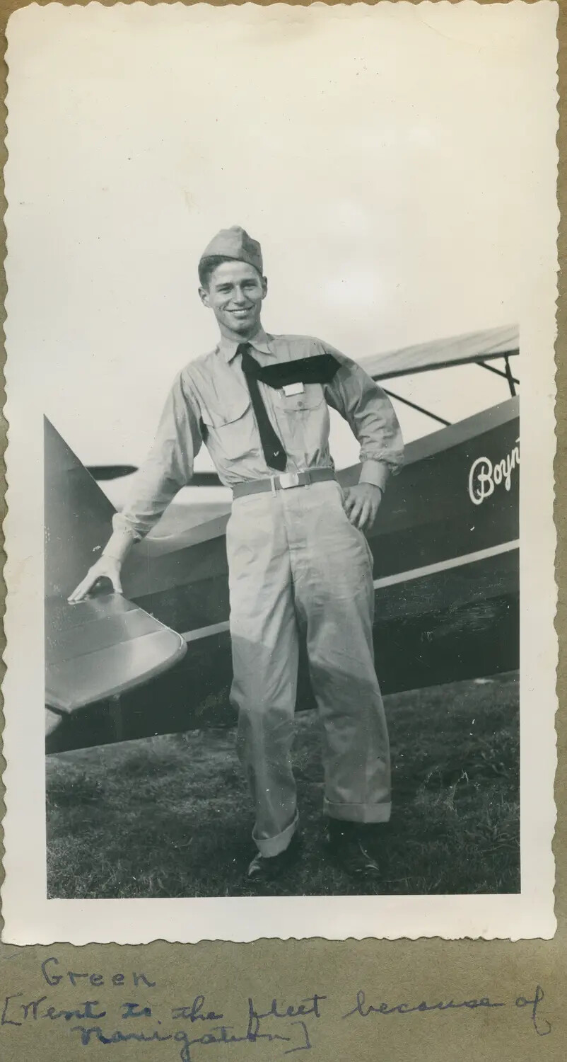Scrapbook Photo: Cadet 'Green' Beside Biplane Trainer, Naval Aviation Cadet Program, circa 1943-44