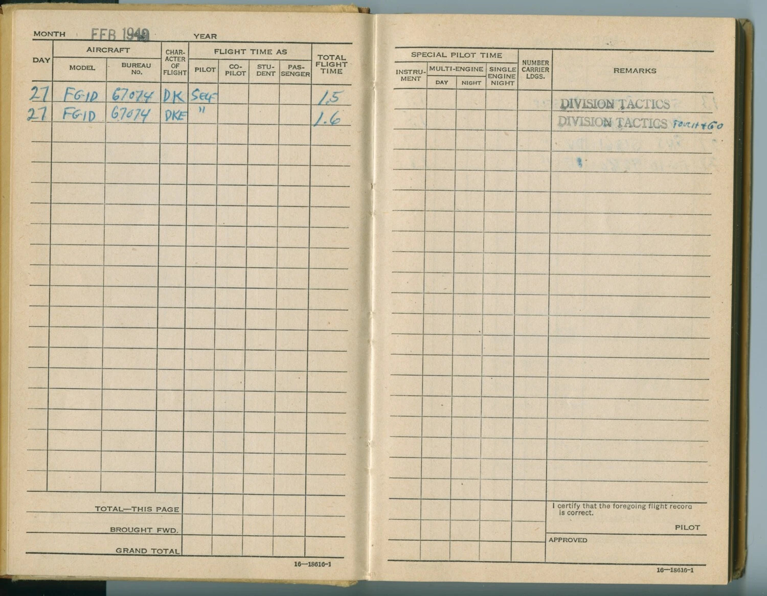 McAleer Flight Logbook — February 1949, FG-1D Corsair Division Tactics