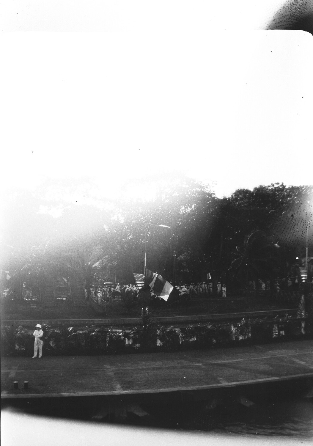 U.S. Navy Shore Ceremony with Color Guard, Waterfront Park, China or Pacific Station, 1930s (Overexposed Print)