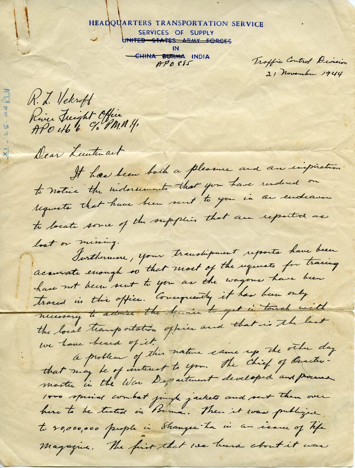 Handwritten Correspondence, Headquarters Transportation Service, China-Burma-India Theater, 21 November 1944