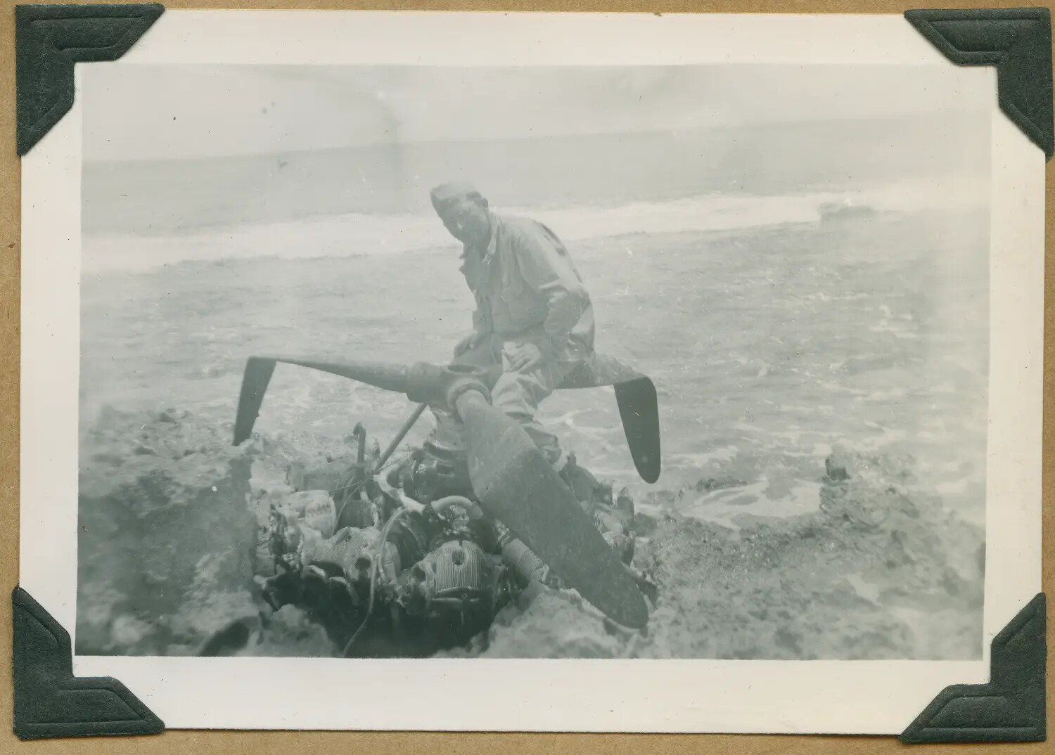 Wrecked Aircraft Radial Engine and Propeller on Coastal Rocks, Hawaii, WWII Era