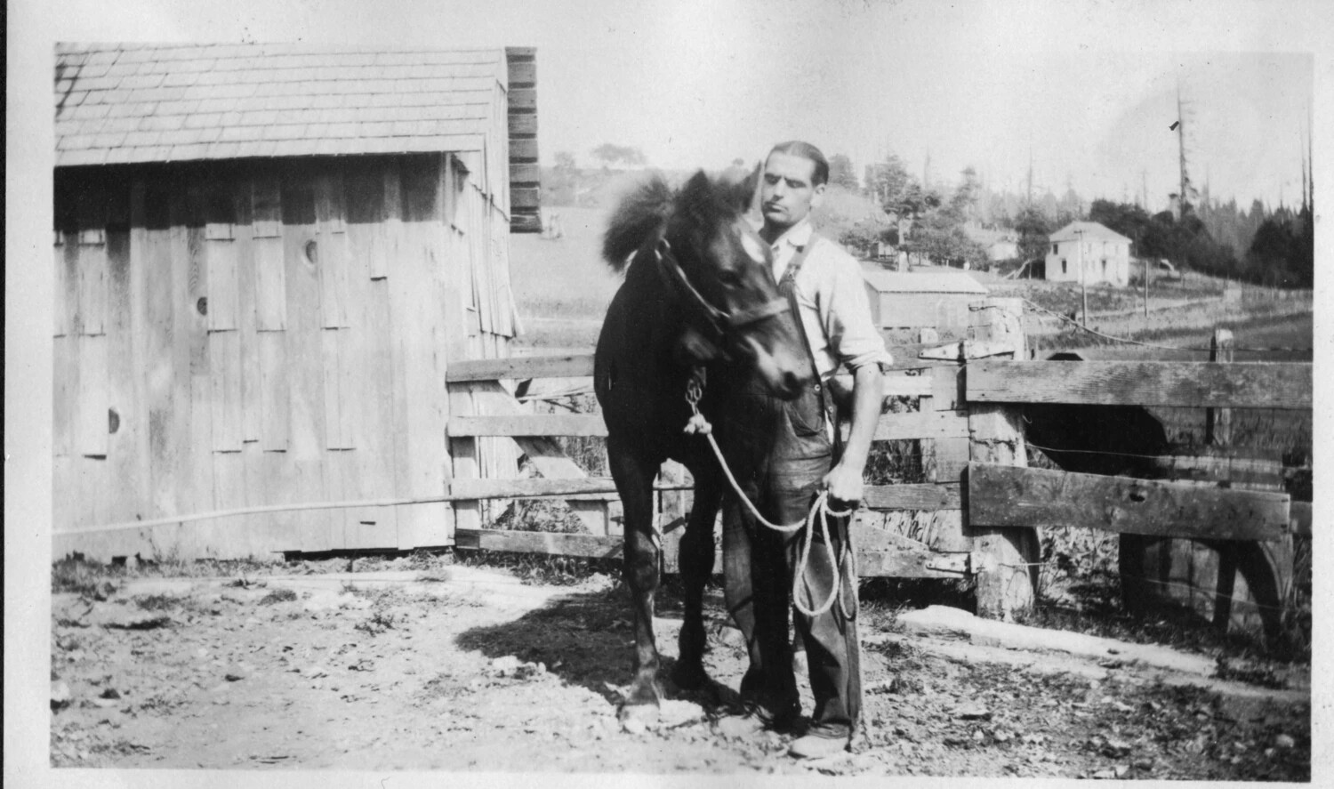Young Man with Horse Beside Shed and Livestock Fence, Farm Setting, c. 1910s–1920s
