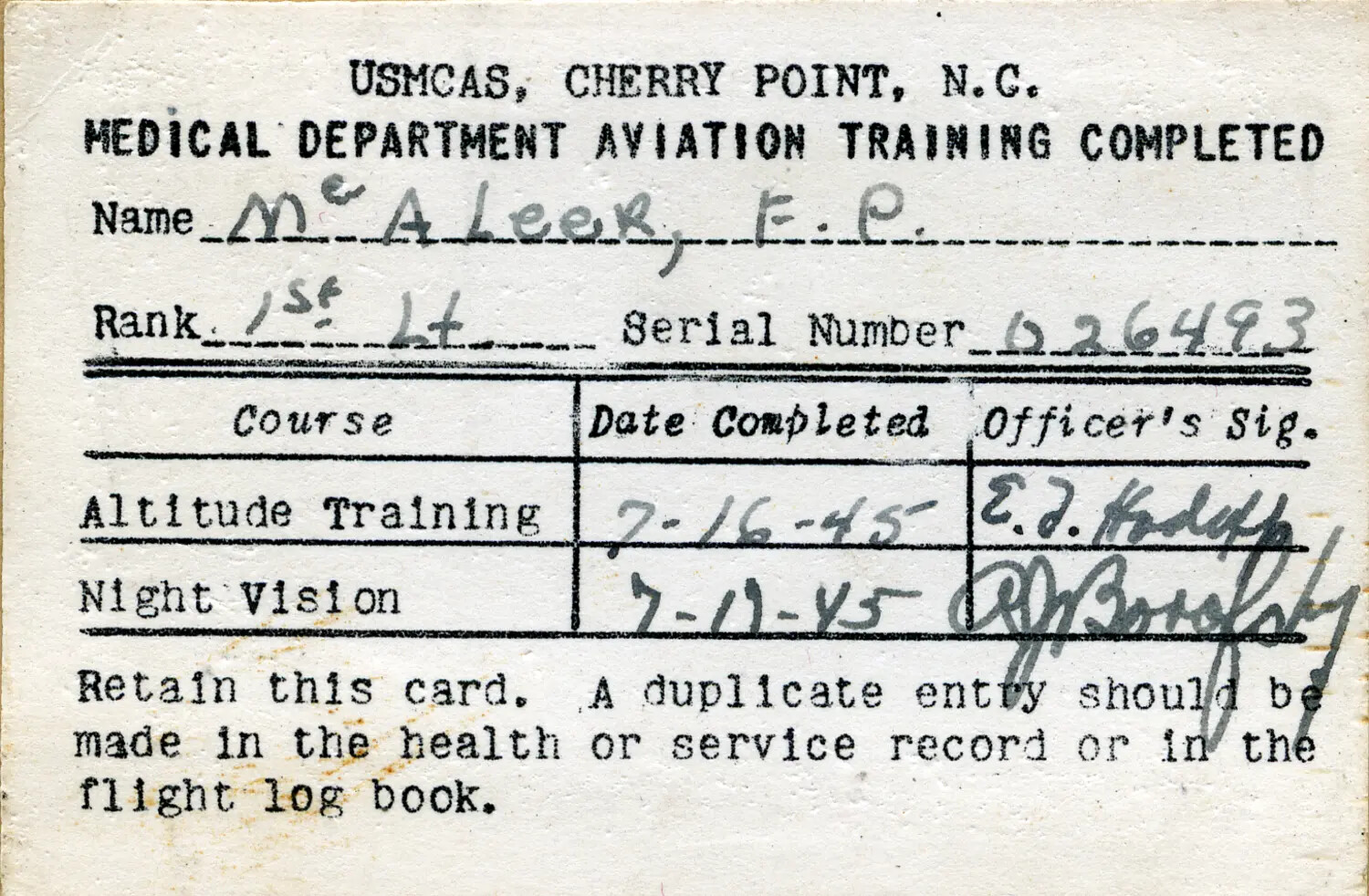 USMCAS Cherry Point Medical Department Aviation Training Card — 1st Lt. E.P. McAleer, July 1945