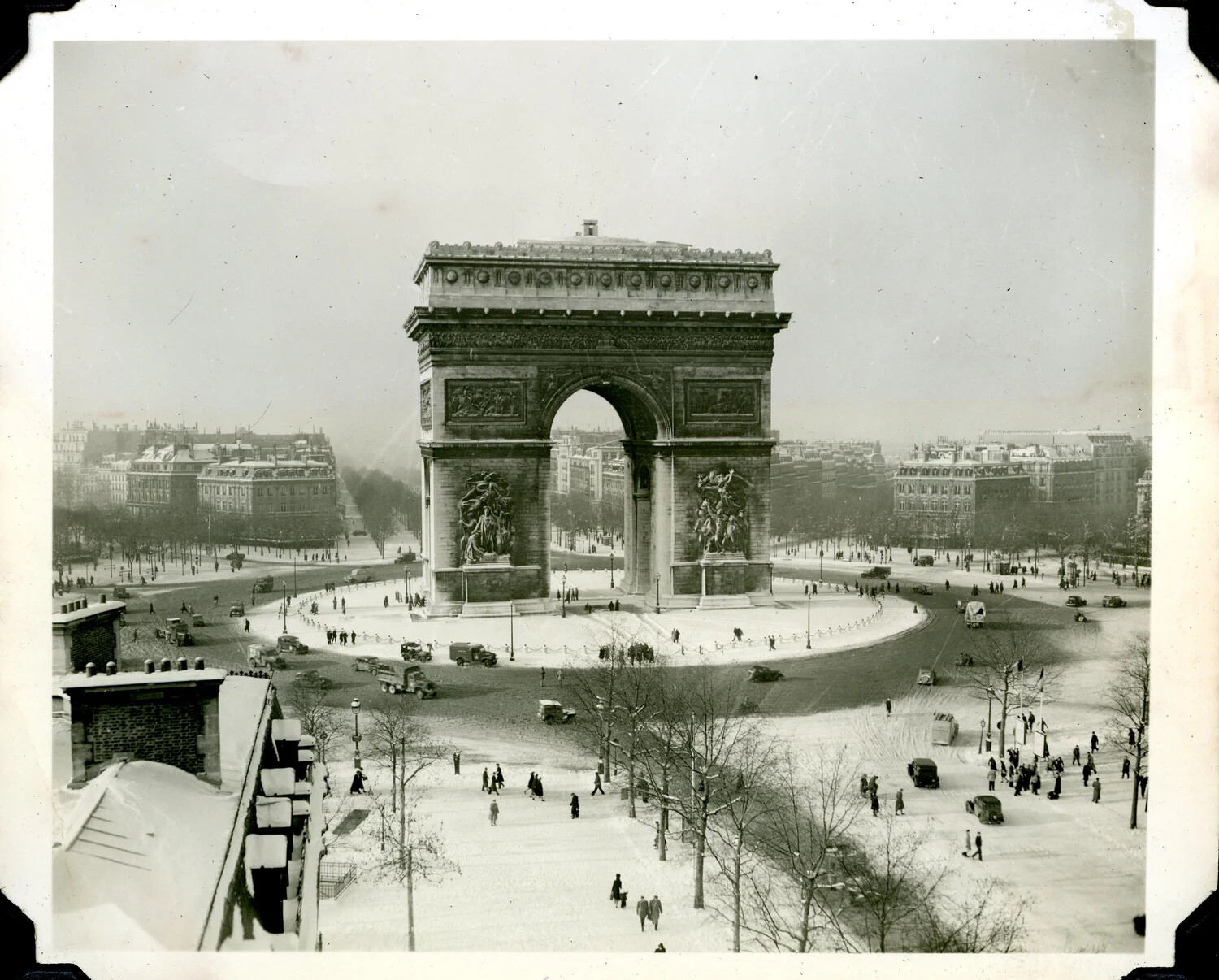 Aerial View of the Arc de Triomphe in Snow, Paris, France, WWII Era (Jervey Signal Corps Album)