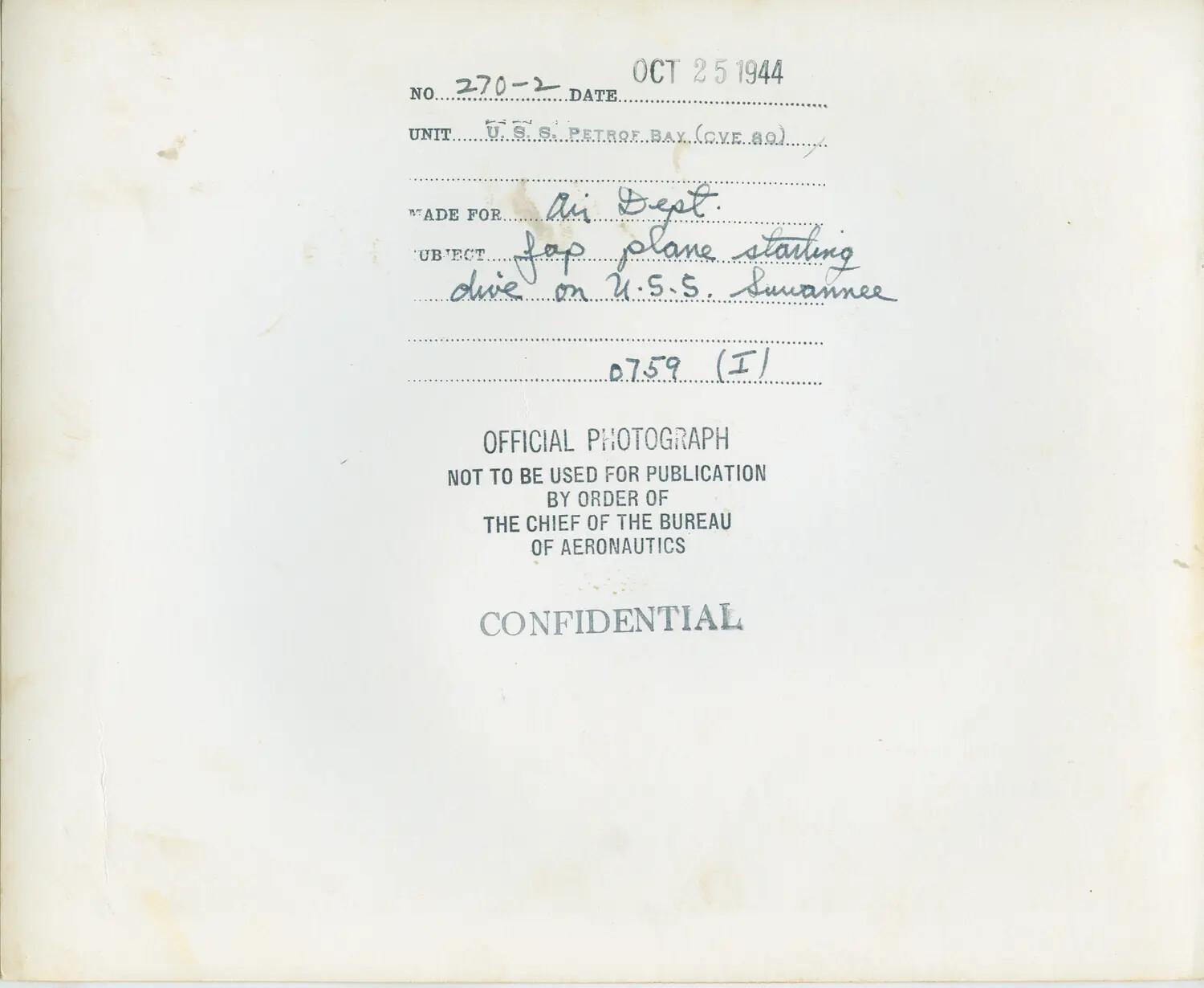 Official U.S. Navy Photo Caption Card - Japanese Aircraft Diving on USS Suwannee, October 25, 1944